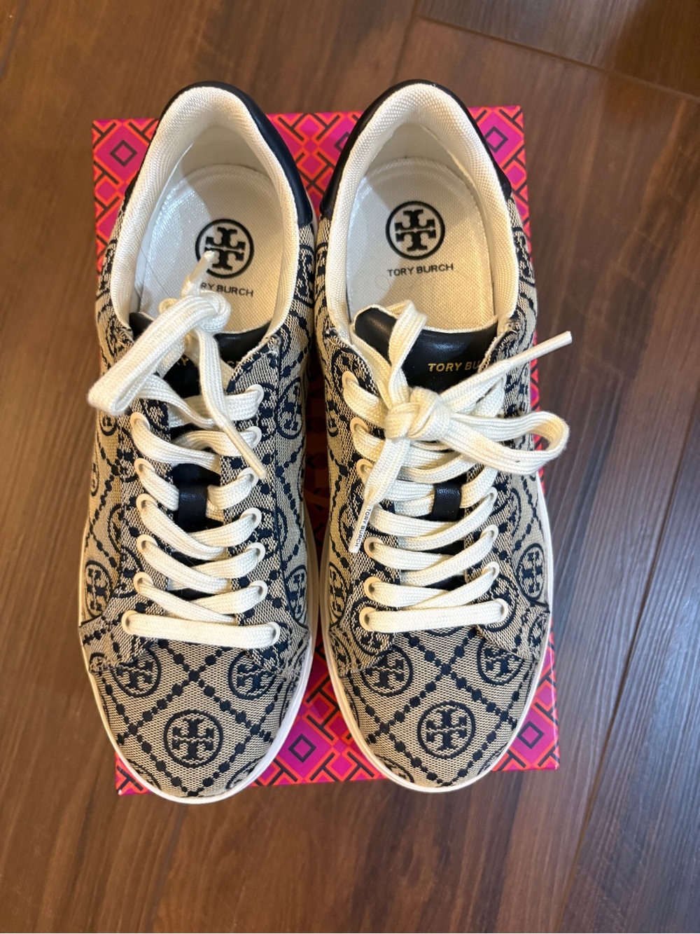 Tory Burch Navy and White Monogram Canvas Sneakers - Picture 2 of 5